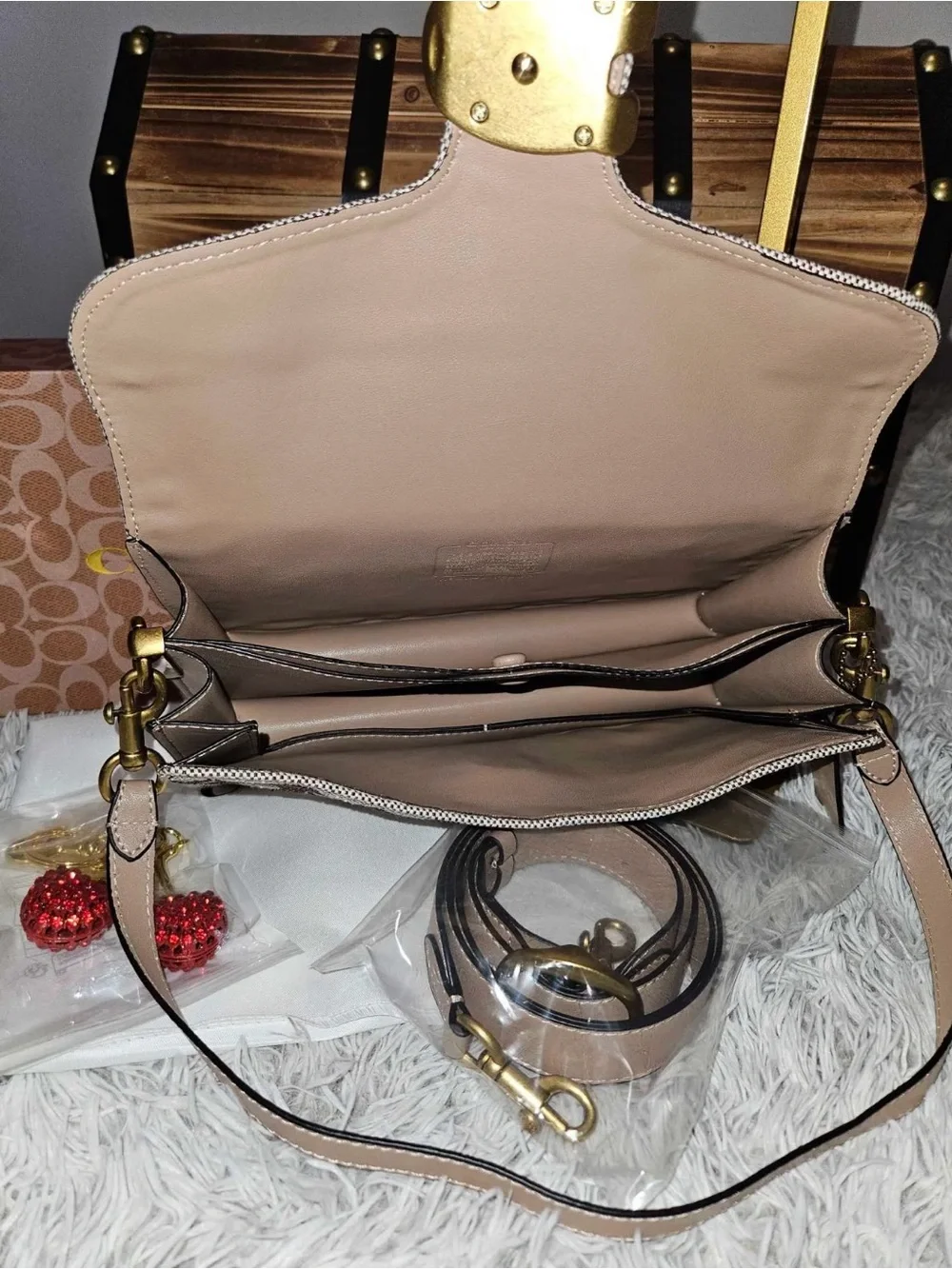 Coach Beige & Brown Signature Canvas Shoulder Bag with Cherry Charm